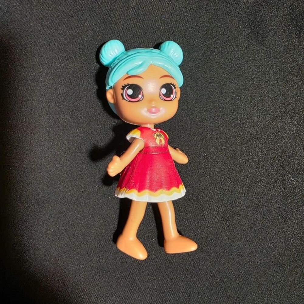 Mini Doll Teal Blue Hair Buns Red Dress Big Eyes Toy Figure